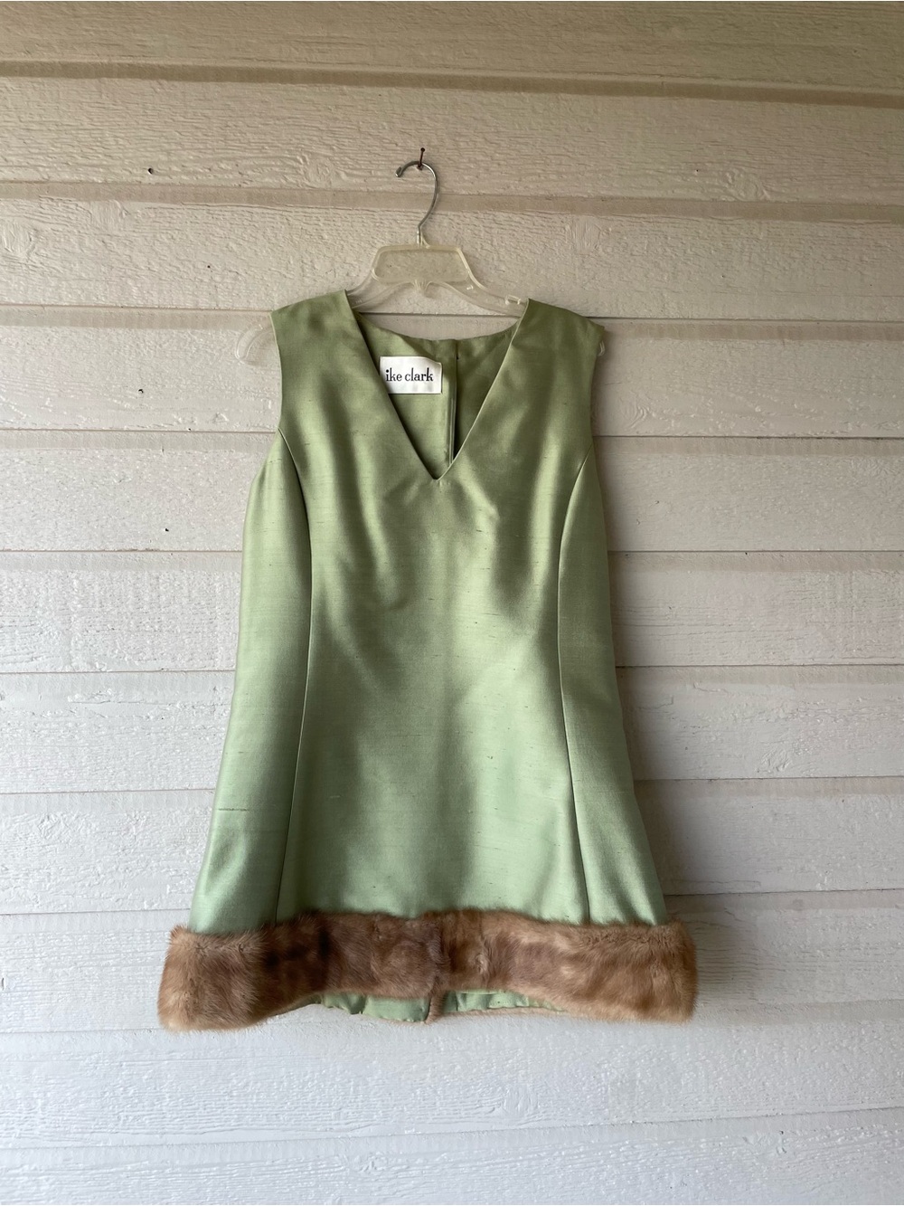 Vintage Green Ike Clarke Silk Taffeta 1960s Shift Style Dress Real Mink Fur Trim